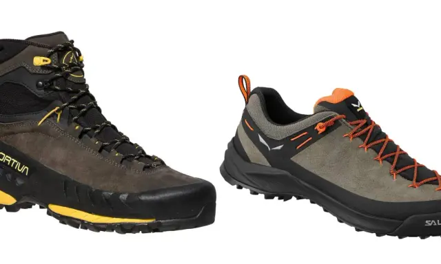 Dwa modele obuwia hikingowego: wysoki but La Sportiva i niski but Salewa, gotowe na górskie wyzwania.