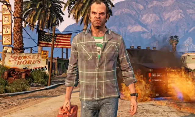 Trevor z GTA V z kanistrem, obok płonącego samochodu i znaku "Sunset Hores". Idealny do gry przez Game Pass!
