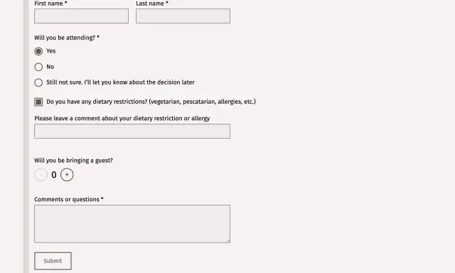 Formularz RSVP: prosimy o potwierdzenie przybycia do dnia. Podaj imię, nazwisko, wybierz obecność, zaznacz ograniczenia dietetyczne i liczbę gości.