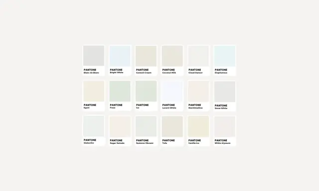 Palette di tonalità bianco caldo: Blanc de Blanc, Egret, Marshmallow, Vanilla Ice e altre sfumature delicate.