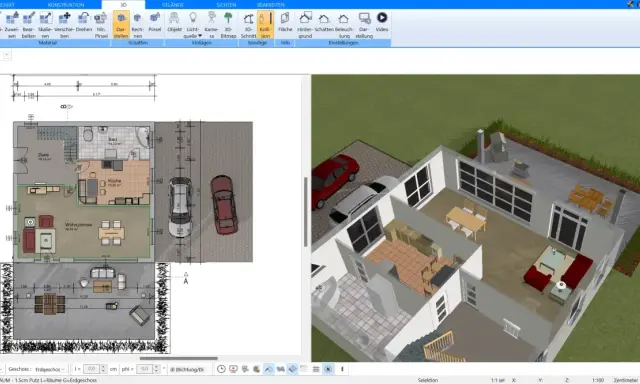 Grundriss und 3D-Ansicht eines modernen Hauses, das die Prinzipien eines Niedrigenergiehaus Definition erfüllt.