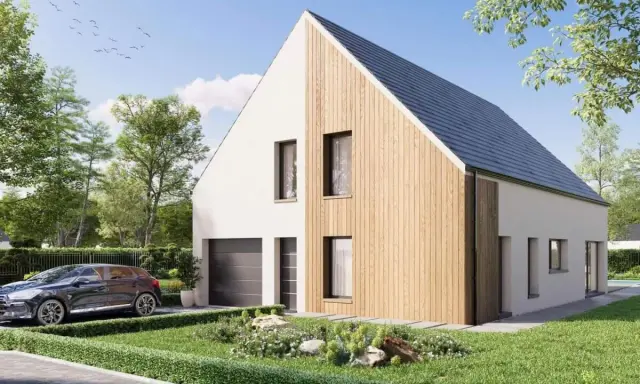 Une maison éco responsable moderne avec bardage bois, garage, jardin soigné et voiture.