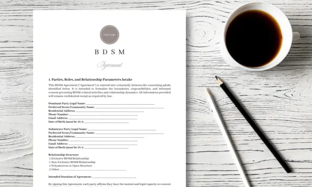 Formularz BDSM Agreement, określający role i parametry relacji. Dokument zawiera pola do wpisania danych obu stron, preferencji i struktury związku.