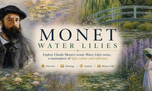 Claude Monet's "le bassin aux nymphéas" (water lily pond) is explored, featuring the artist's portrait, a Japanese bridge, and a woman with an umbrella amidst wisteria.