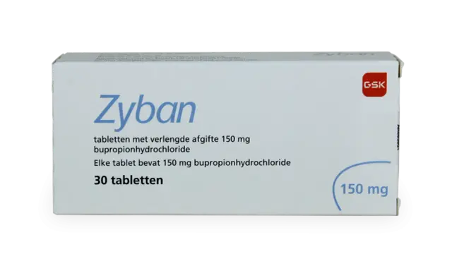 Zyban-Tablettenbox, 30 Stück, 150 mg. Ein Hilfsmittel gegen Rauchen, das Bupropionhydrochlorid enthält.
