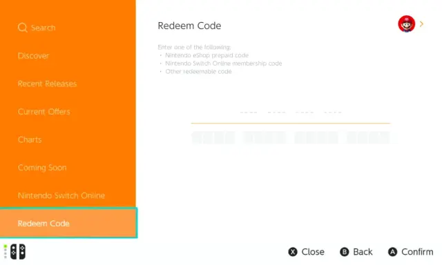 Ekran Nintendo Switch z opcją "Redeem Code" (Zrealizuj kod). Można tu wpisać kod Nintendo eShop, członkostwa Nintendo Switch Online lub inny.