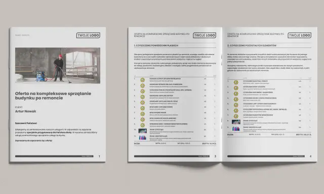 Oferta reklamowa wzór: kompleksowe sprzątanie budynków po remoncie, z pracownikiem i sprzętem.