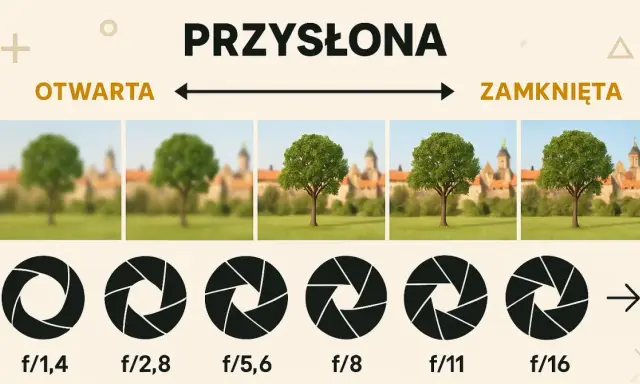 Przysłona w aparacie fotograficznym inaczej: od rozmytego tła do ostrości. Pokazane są różne wartości przysłony (f/1,4 do f/16) i ich wpływ na głębię ostrości.