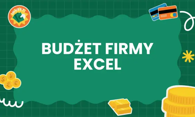 Budżet firmy w Excelu: analiza danych statystycznych. Grafika z ikonami pieniędzy, kart kredytowych i sztabek złota.