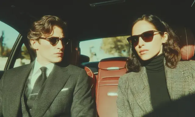 Coppia elegante in auto, lui con completo gessato e cravatta, lei con blazer a quadri. Un'idea per un outfit matrimonio inverno pantaloni chic.