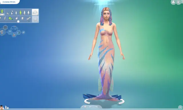 Symulacja Sims 4: Zuzanna Wyspa, piękna syrena z kolorowymi włosami i łuskami, gotowa do zanurzenia się w morskich przygodach.