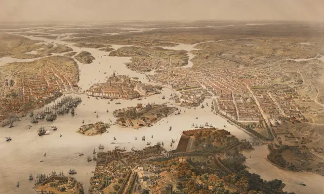 Vy över Stockholm med många fartyg i hamnen, en vy som ger en känsla av stockholms historia och stadens utveckling genom tiderna.