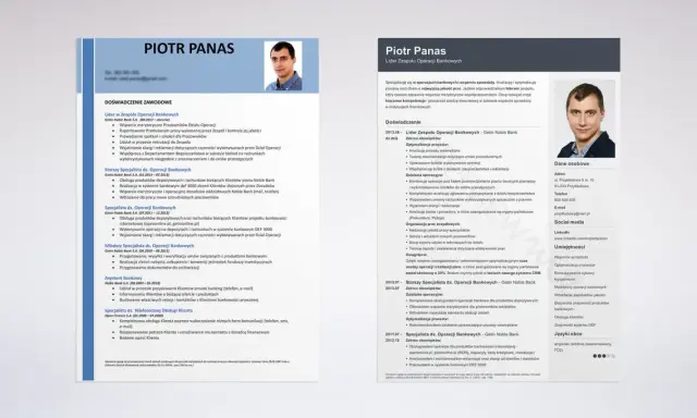 Piotr Panas, lider zespołu operacji bankowych, szuka pracy. Jego CV zawiera pytania na rozmowie kwalifikacyjnej dotyczące doświadczenia i umiejętności.