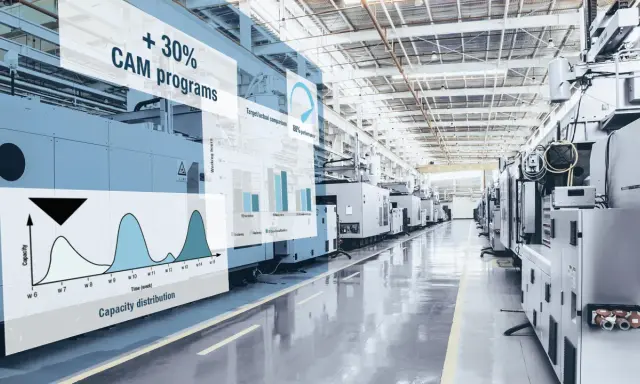 Fabbrica con macchinari e grafici che mostrano un aumento del 30% nei programmi CAM e la distribuzione della capacità.
