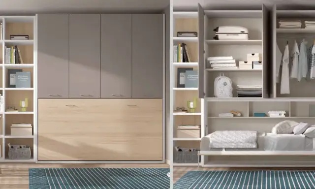 Armario con cama abatible vertical, estanterías y espacio para colgar ropa. Ideal para optimizar espacios.