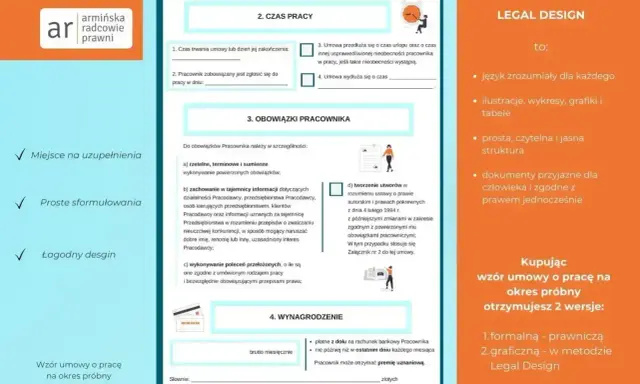 Wzór umowy o pracę z emerytem, wersja graficzna Legal Design. Proste sformułowania i przejrzysta struktura dokumentu.