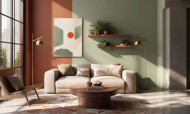 Salon moderne avec mur bicolore, une partie terracotta, l'autre verte. Canapé beige, fauteuil en cuir, table basse en bois.