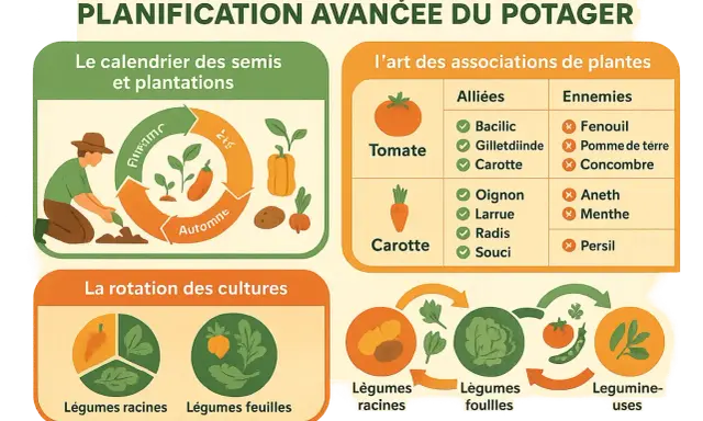Tableau de planification du potager : calendrier des semis, associations de plantes compagnes et rotation des cultures.
