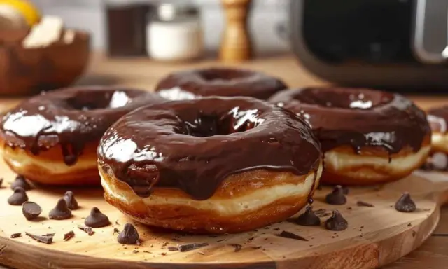 Un beignet au chocolat, généreusement glacé, repose sur une planche en bois. Des pépites de chocolat parsèment la scène.