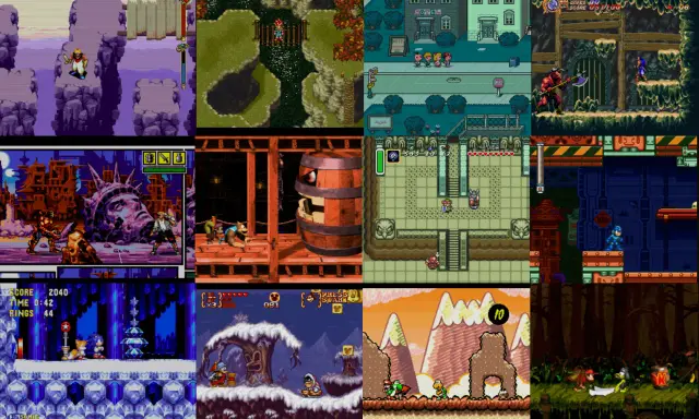 Kompilacja klasycznych gier 16 bit stare gry: bohaterowie walczą, eksplorują lochy i pokonują przeszkody.