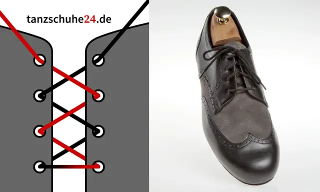 Anleitung zum Anzugschuhe binden: Links zeigt eine Grafik mit roten und schwarzen Schnürsenkeln, rechts ein eleganter Schuh.
