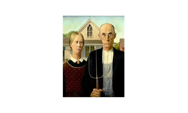 This famous picture of farmer and wife depicts a stoic couple standing before a Gothic-style farmhouse. The farmer holds a pitchfork.