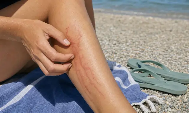 Una persona si gratta il segno rosso sulla gamba, ricordo di un incontro ravvicinato con una medusa. Ecco perché le meduse pungono.