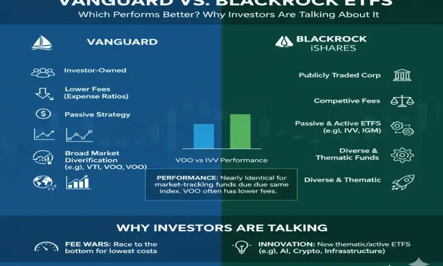 Porównanie Vanguard i BlackRock: inwestorzy rozmawiają o niższych opłatach, pasywnych strategiach i dywersyfikacji.