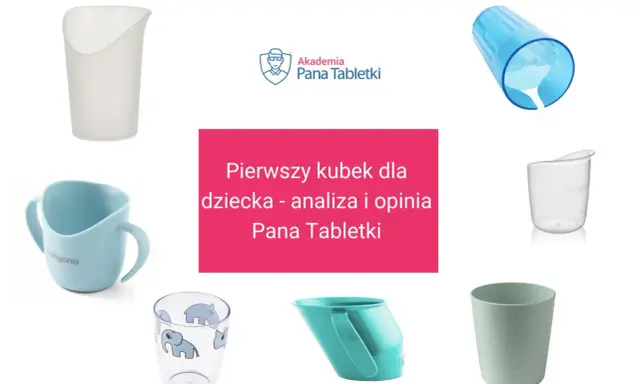 Różne kubki dla dzieci, w tym pierwszy kubek dla niemowlaka.