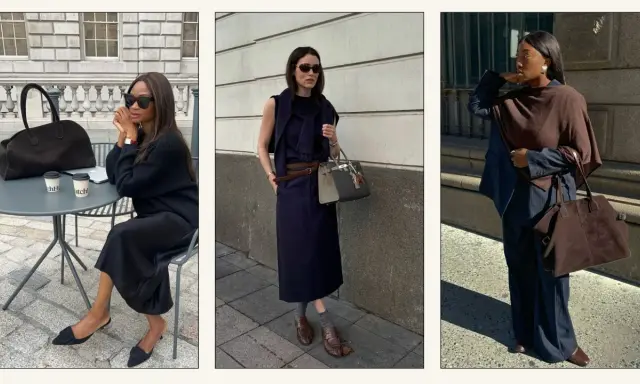 Three women showcase chic outfits. The right image answers: does navy go with brown? Yes, a navy pinstripe suit is paired with a brown poncho and bag.