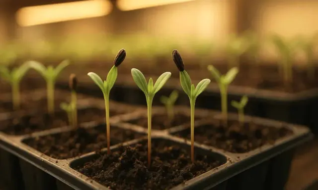 Små plantor med fröskal kvar på bladen växer i en odlingstråg. Kanske är det solrosor eller så tagetes som snart ska planteras ut.
