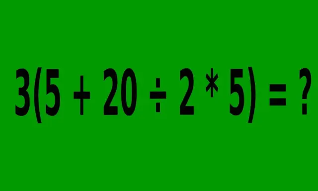 Czarne równanie 3(5 + 20 ÷ 2 * 5) = ? na zielonym tle. Czy potrafisz rozwiązać te zagadki matematyczne dla dorosłych?