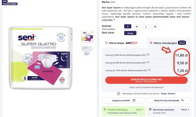 Pieluchomajtki na receptę Seni Super Quatro, rozmiar S, 10 szt. Cena z refundacją NFZ od 7,20 zł.