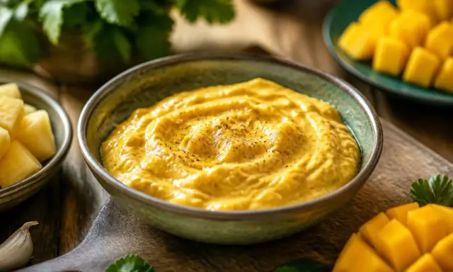 Cremiger, goldgelber Mango Curry Dip mit Pfeffer bestreut, daneben frische Mangostücke, Koriander und Knoblauch.