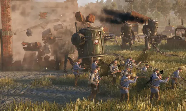 Żołnierze w niebieskich mundurach walczą z mechanicznymi maszynami w scenerii przypominającej "iron harvest".