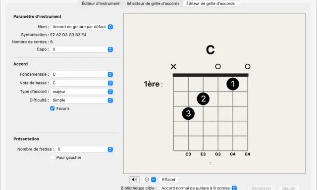 Éditeur de grille d'accords affichant un diagramme pour l'accord de Do majeur, avec les doigts 1, 2 et 3 positionnés.