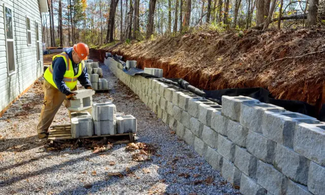 Budowniczy układa pustaki, tworząc solidny pomysł na murek oporowy przy domu.