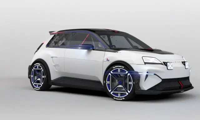 Sportlicher weißer Alpine A290 mit futuristischen blauen Felgen und Michelin-Reifen.