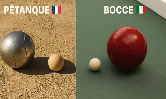 Comparaison visuelle entre les boules de pétanque françaises et les boules de bocce italiennes, montrant leurs différences de taille et de matière.