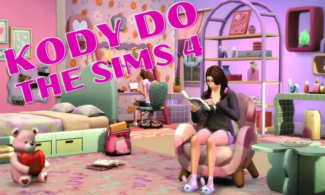 Kody do The Sims 4. Dziewczyna czyta książkę w różowym pokoju, obok łóżko i pluszowy miś.