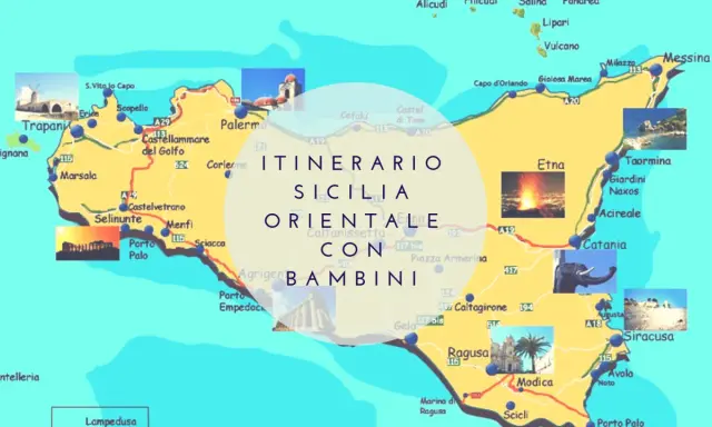 Mappa della Sicilia con itinerario di 7 giorni per famiglie. Include immagini di Etna, Taormina, Siracusa e templi greci.