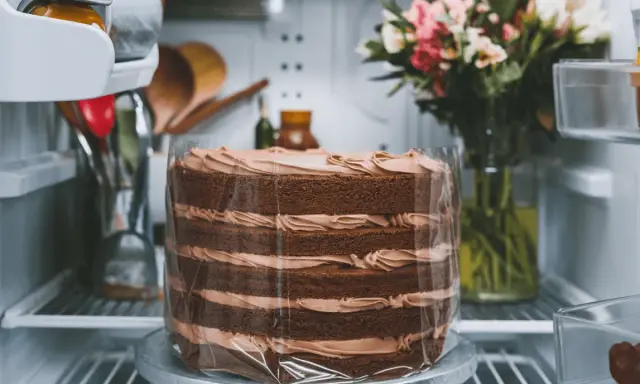 Gâteau au chocolat à étages, prêt à être dégusté. Une merveilleuse recette de layer cake qui attend dans le réfrigérateur.