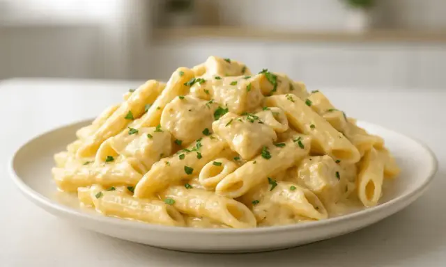 Penne z kremowym sosem serowym i posiekaną natką pietruszki, danie idealne na szybki obiad.