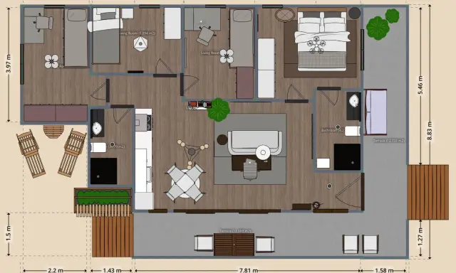 Plano de casas de dos plantas sencillas con terraza. Incluye habitaciones, sala de estar, baño y cocina.