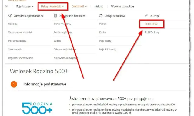 Wniosek Rodzina 500+ w ING. Kliknij "Usługi i narzędzia", a następnie "Rodzina 500+" by złożyć wniosek.