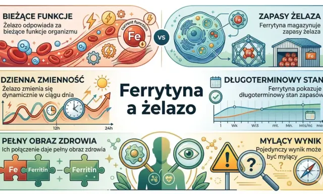Niska ferrytyna u dziecka może wpływać na bieżące funkcje organizmu i zapasy żelaza. Ilustracja pokazuje związek ferrytyny z żelazem.