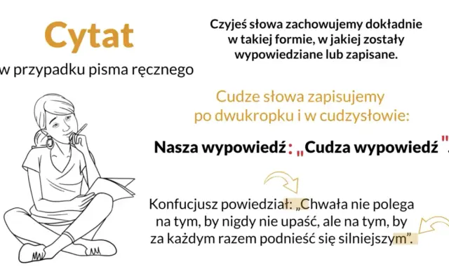Dziewczyna z zeszytem i długopisem, ucząca się o mowie niezależnej i cytowaniu.