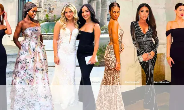 Seven women in elegant gowns, showcasing diverse styles for a black tie wedding dress code.