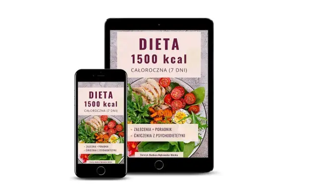 Smartfon i tablet prezentują aplikację "Dieta 1500 kcal" z posiłkami i ćwiczeniami.