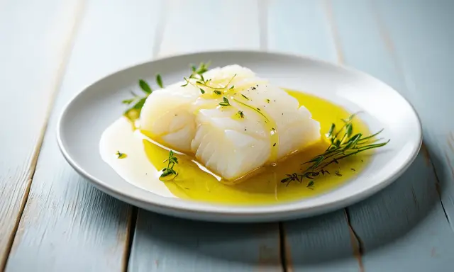 Delicioso bacalao confitado en aceite de oliva, adornado con hierbas frescas.